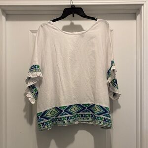 Embroidered White Top with Blue and Green Accents